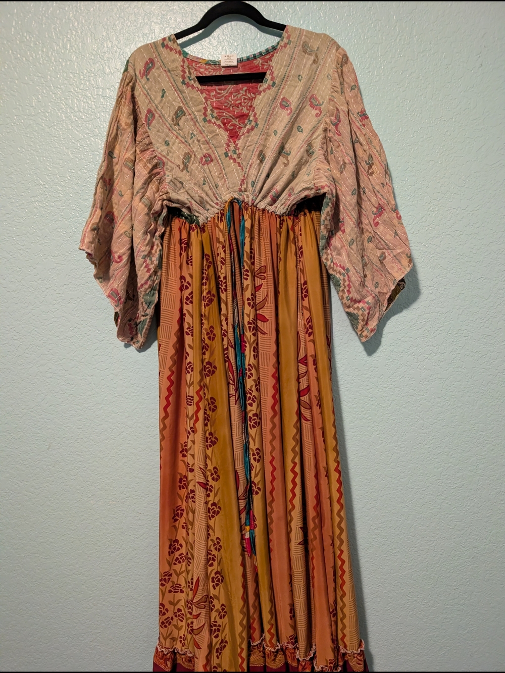 Kantha-top Boho Multi-Print Maxi Dress in Mustard and Dusty Pink